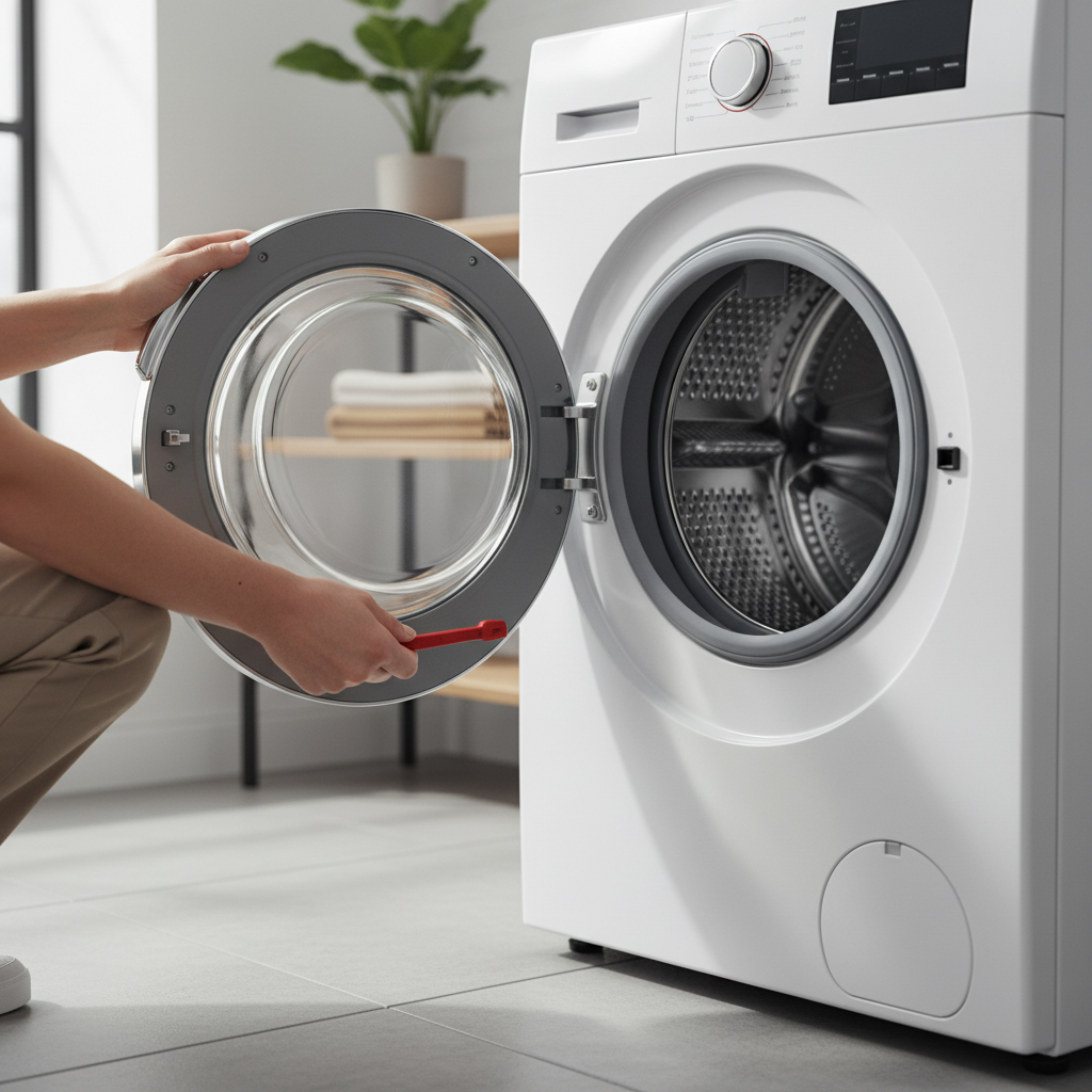 Photorealistic professional lifestyle photograph of a modern front-loading washing machine in a clean home laundry room, with a person's hands demonstrating the step-by-step process to open the door using the emergency release lever. Door slightly ajar revealing the interior drum, detailed textures on stainless steel and white enamel surfaces, natural daylight from window, high-resolution 8K, sharp focus, product photography quality, realistic shadows and reflections, 2024 model.