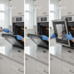 A photorealistic, high-resolution professional lifestyle photograph capturing a step-by-step process of removing oven doors from a modern stainless steel built-in oven in a bright, contemporary kitchen. Gloved hands of a person in casual attire demonstrate the key steps: door fully open with locking clips released on both sides (step 1), hinges partially disengaged (step 2), and door being lifted straight up and off safely (step 3), with subtle numbered annotations overlaid. Crisp details on oven glass, metal hinges, screws, and tools like a screwdriver nearby on a granite countertop. Natural daylight from window, sharp focus, 8K quality, ultra-realistic product photography style with depth of field.