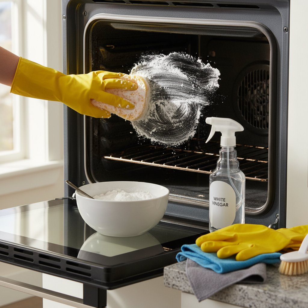 A highly detailed, photorealistic professional lifestyle photograph of a modern kitchen scene showing a step-by-step oven cleaning process with baking soda. In the foreground, a gloved hand applies a thick white baking soda paste inside an open stainless steel oven using a soft sponge, with visible grime starting to lift. On the granite countertop nearby: an open bowl of baking soda and water mixture, a spray bottle of white vinegar, yellow rubber gloves, microfiber cloths, and a scrub brush. Natural daylight streams through a window, casting soft shadows; high resolution, sharp focus, 8K quality, professional product photography style with impeccable realism and texture details.