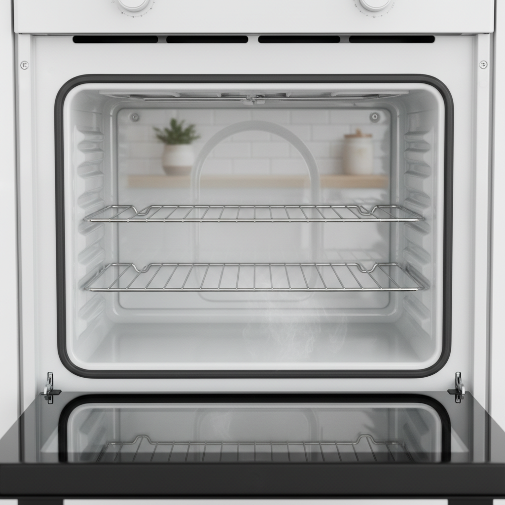 A highly detailed, realistic professional lifestyle photograph of a sparkling clean modern oven interior, with pristine white enamel walls, spotless racks, and a gleaming glass door reflecting soft kitchen light, captured in high resolution 8K, photorealistic style, natural daylight illumination, subtle steam wisps from a fresh clean, professional product photography with sharp focus, impeccable cleanliness emphasizing simple cleaning methods, cozy home kitchen setting, 2025 trends in ultra-HD quality.